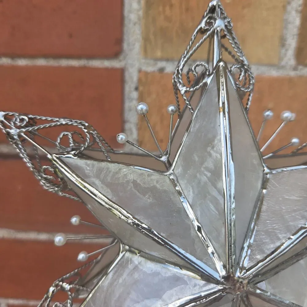 Vintage Capiz Shell Star Christmas Tree Topper Silver Filigree Pearl 11
